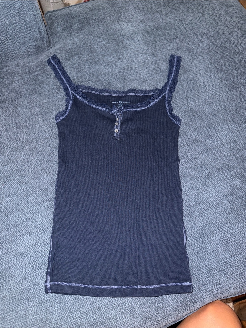 Brandy Melville Navy Ribbed Lace-Trim Henley Cami